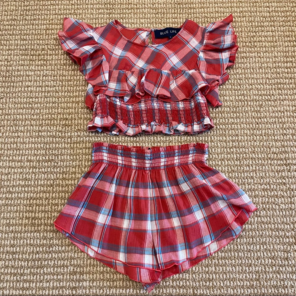 Blue Life Cherry Red Plaid Shorts Set S/M - Picture 3 of 10